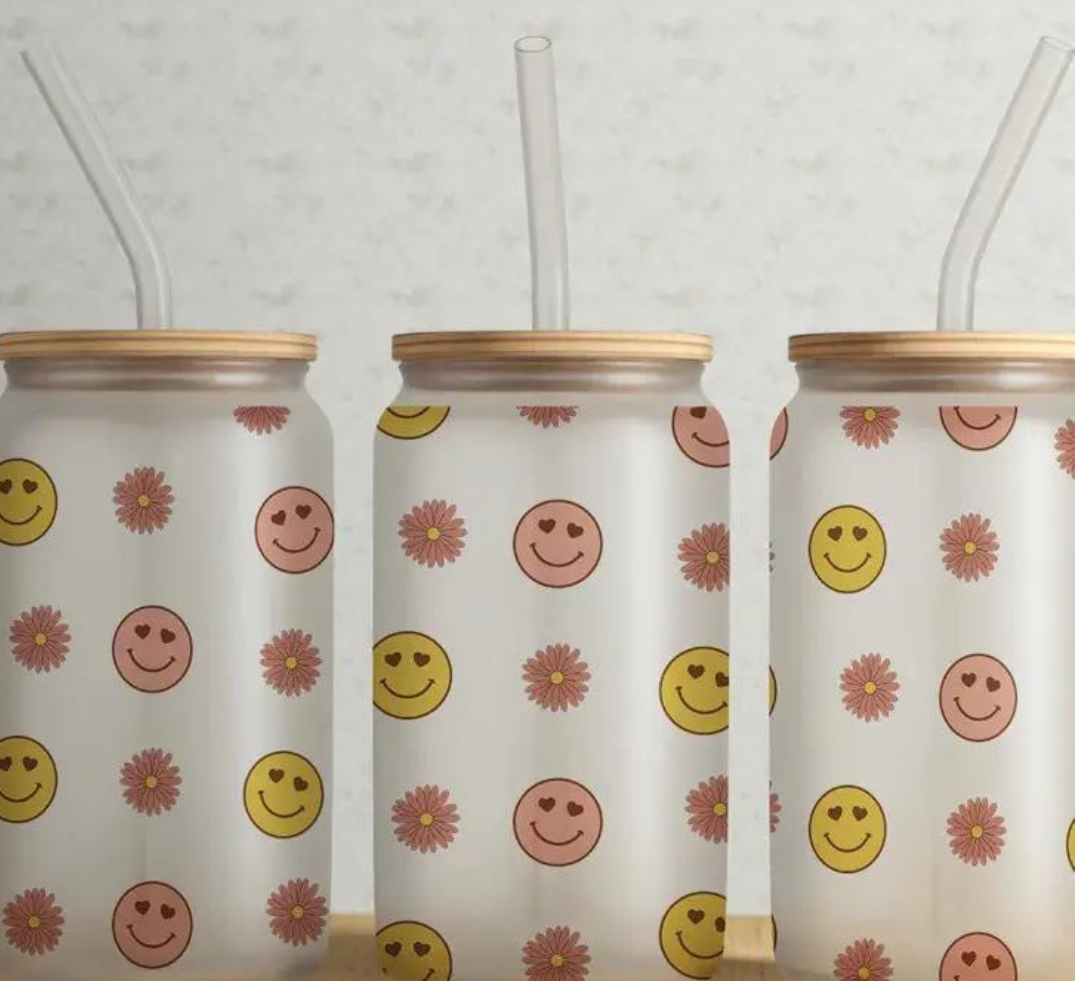 Retro Smiley Face and Floral  - 16oz Glass Can Cup w/ bamboo lid and straw
